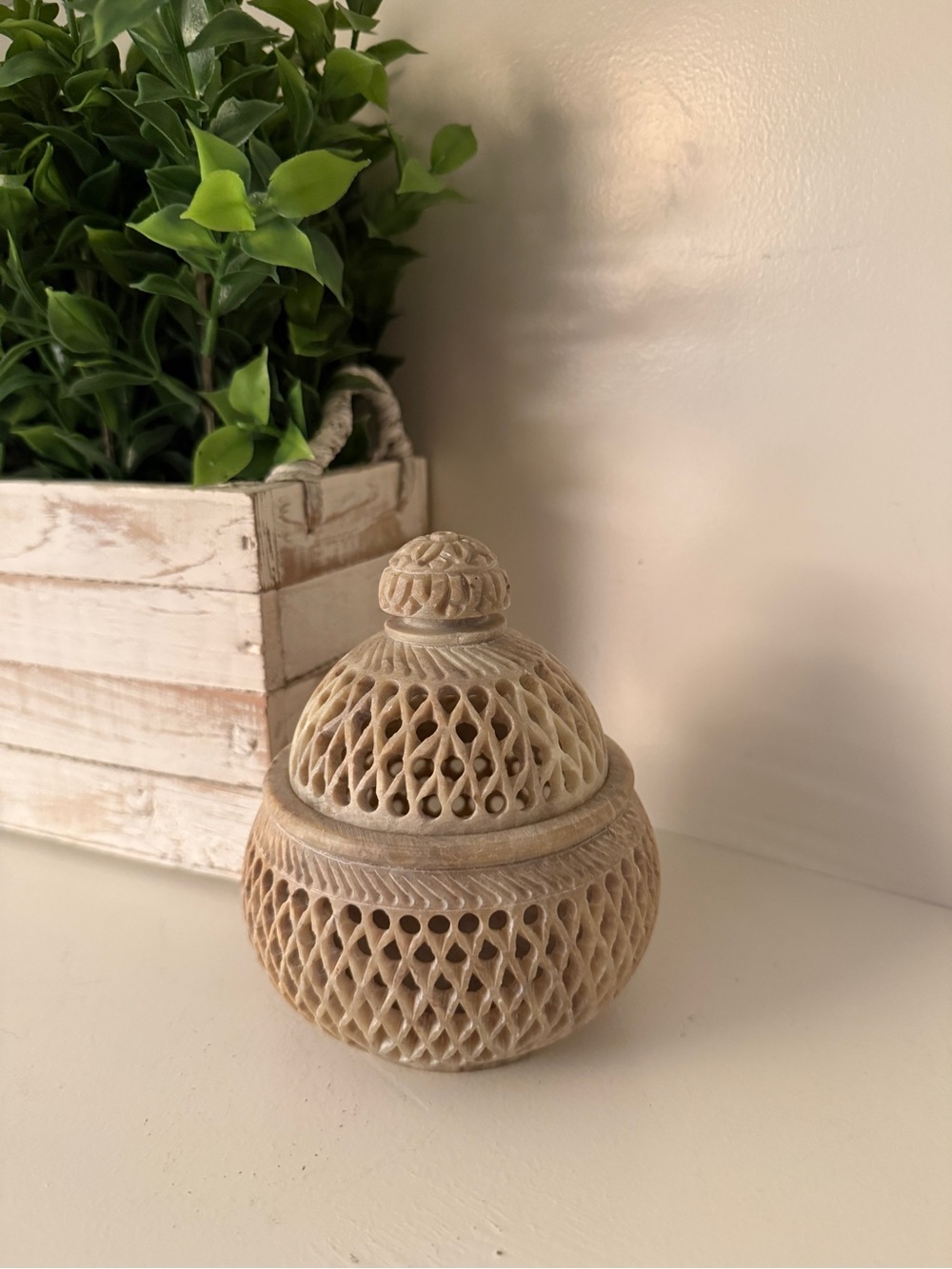NOVICA India Hand Carved Soapstone Lidded Potpourri Trinket Jar Pierced Floral